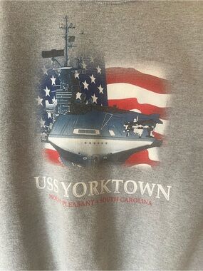 USS YORKTOWN Heavy Blend Gray Patriotic Graphic Tee with Red & Blue Accents